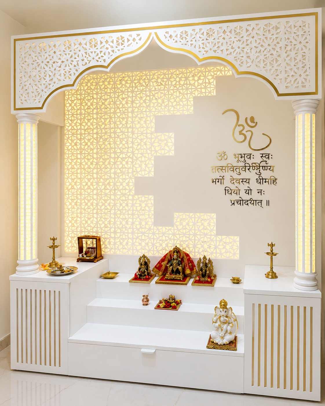 Modern White & Gold CNC Mandir Arch Design